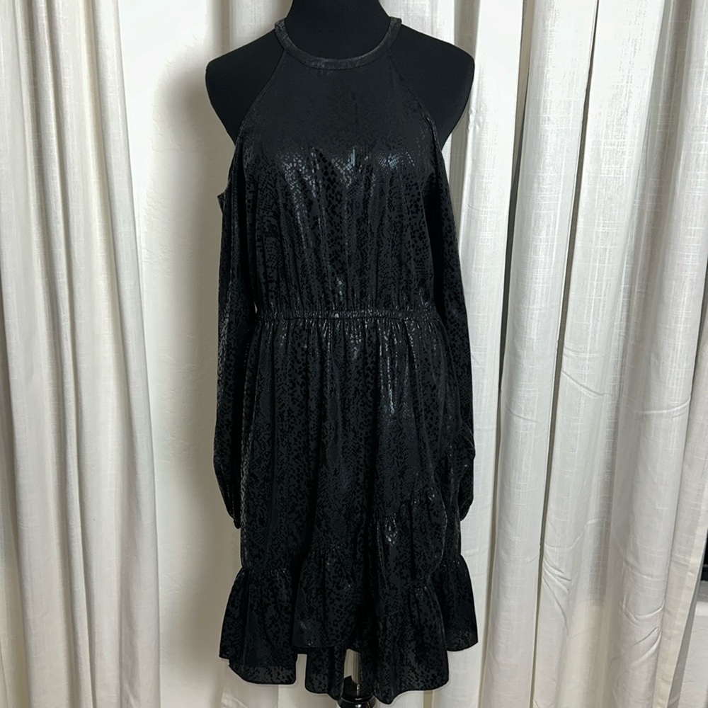 Michael Michael Kors Women's Black Long Cold Shoulder Sleeve Ruffled Hem Dress